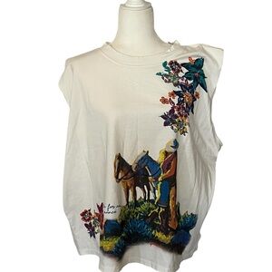 Double D Ranch White Muscle Tee with Floral Embroidery